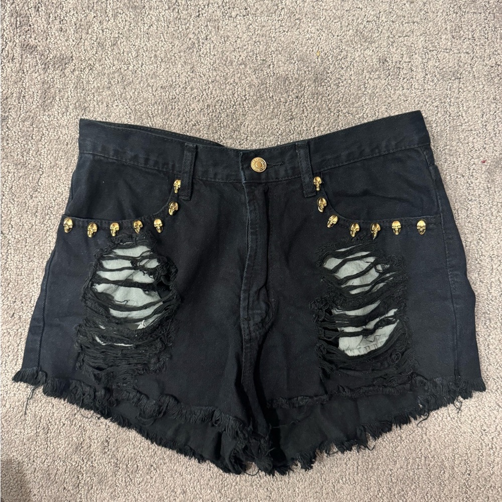 Black Distressed Women Shorts with Skull Accents
